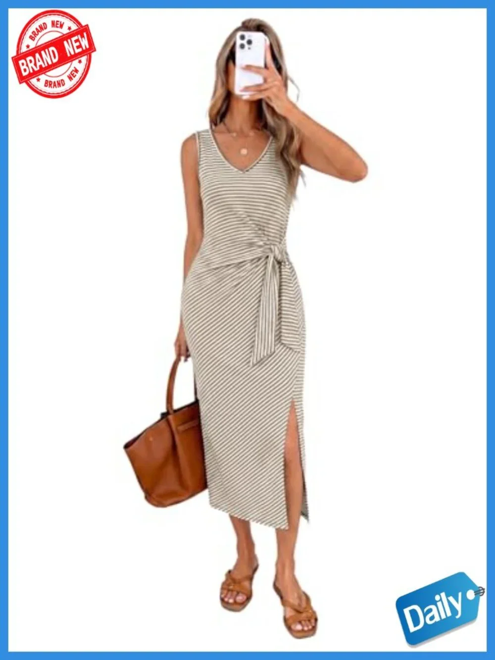 V Neck Sleeveless Wrap Midi Dress with Side Slit Tie Waist